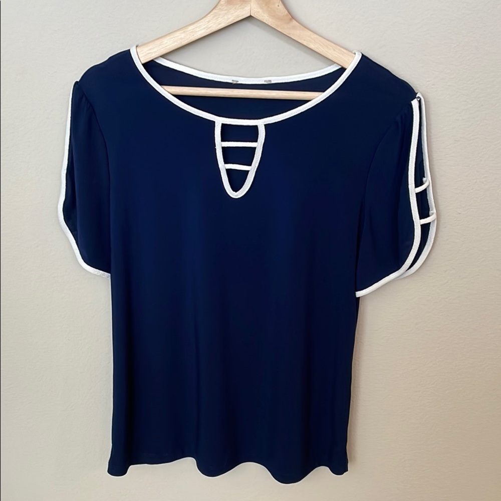 Navy Blue Women's Top with White Trim
